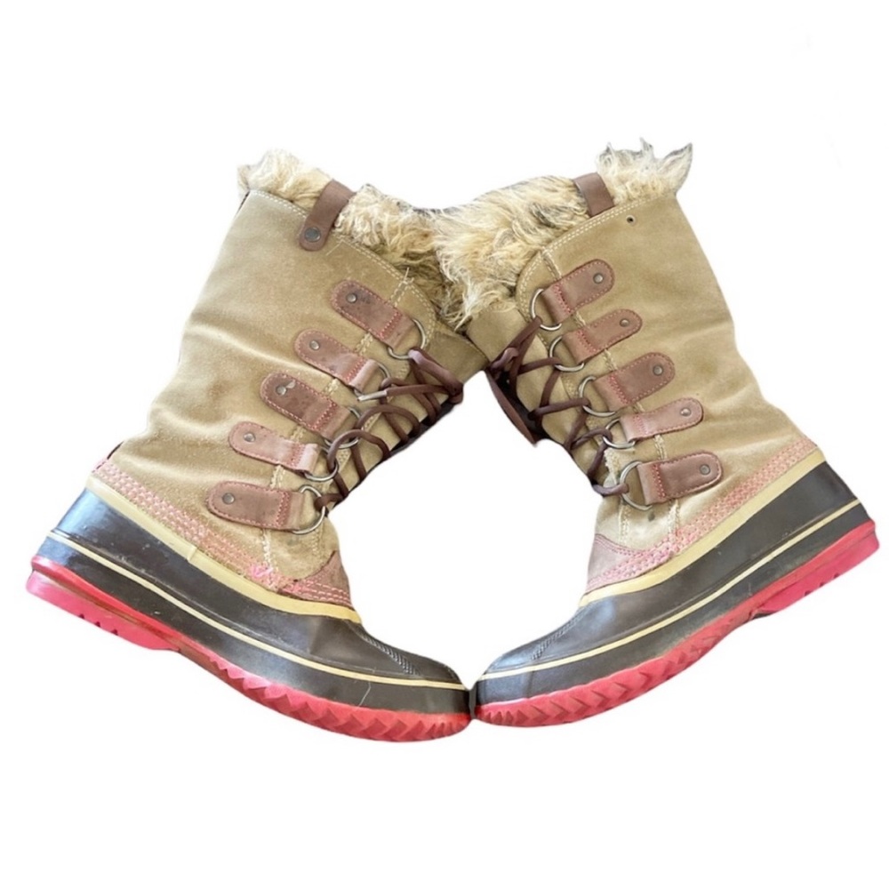 Sorel Joan of Arctic Tan Suede Waterproof Snow Winter Boot Faux Fur Felt Lined 9